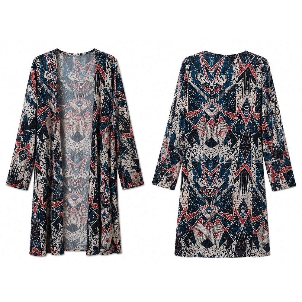 Belle Gitane Geometric Tribal Print Open Front Duster Kimono Cardigan One Size